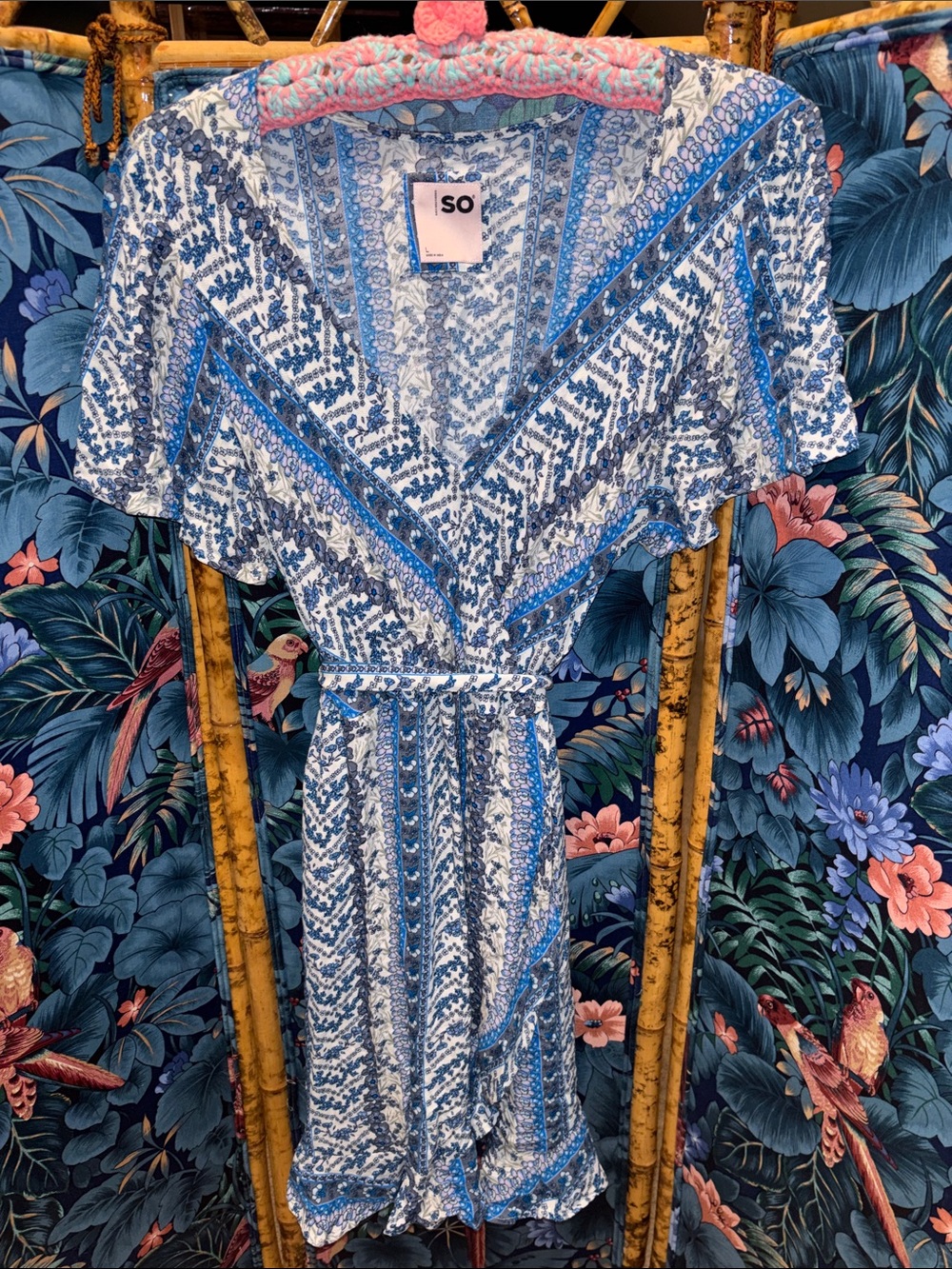 SO Blue & White Midi Wrap Dress with Tie Waist